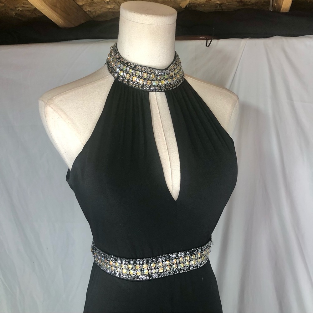 Crystal Doll Black Jeweled Halter Prom Al-line Dress Size Small 3 - Picture 5 of 13